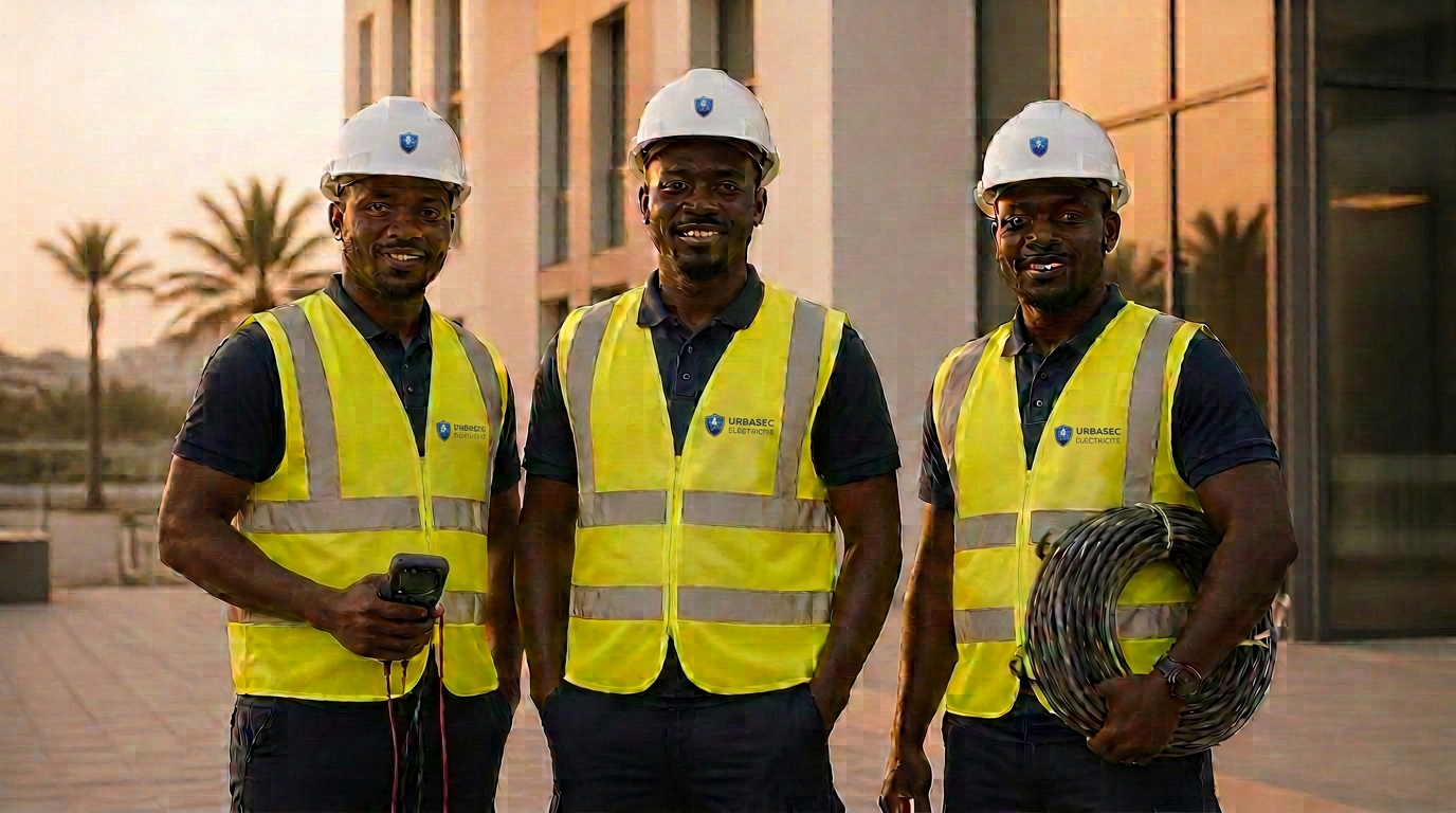 Électriciens URBASEC en uniforme officiel devant un immeuble moderne à Dakar