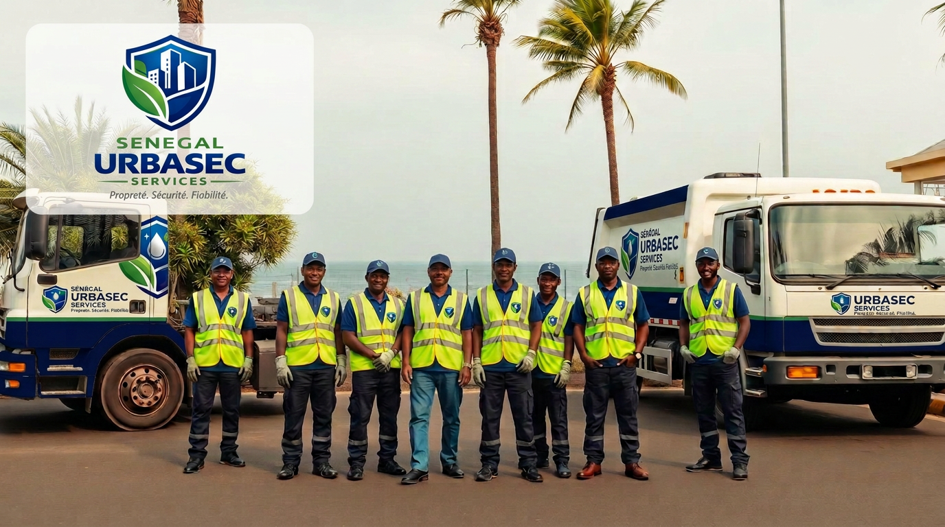 Agents URBASEC en uniforme devant des camions de collecte modernes à Dakar