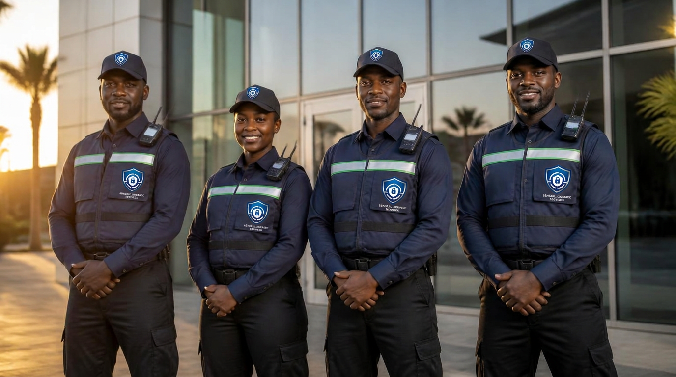 Agents de sécurité URBASEC en uniforme devant un immeuble moderne à Dakar